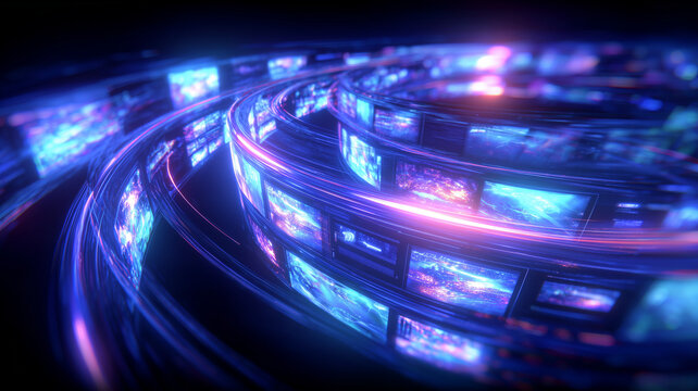 Immersive digital media tunnel with hundreds of streaming screens bending around a high speed data track.
