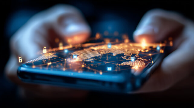 Mobile cyber security concept featuring illuminated lock icons guarding interconnected smart city map on a phone.
