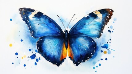 Watercolor butterfly with delicate blue wings and artistic splatters illustration
