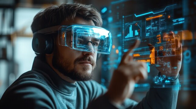 Augmented Reality Experience: Man Interacting with Virtual Interface Display