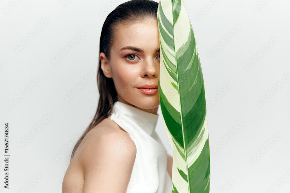 Poster elegant model posing with a large green leaf, showcasing natural beauty and tranquility in a minimal