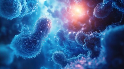 Microscopic View of Floating Cells with a Bright, Soft Light in a Deep Blue