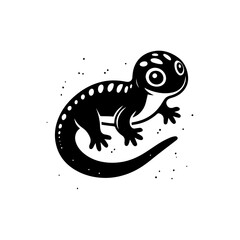 A stylized black and white illustration of a lizard with big eyes and spots on its back.