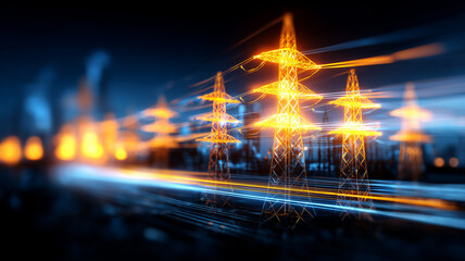 Futuristic power grid with blazing energy streams racing through luminous transmission towers.

