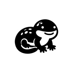 A stylized graphic of a smiling salamander with white spots, depicted in black and white.