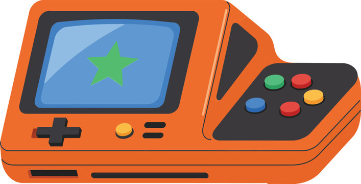 Retro handheld orange game console with star on screen and colorful buttons vector illustration