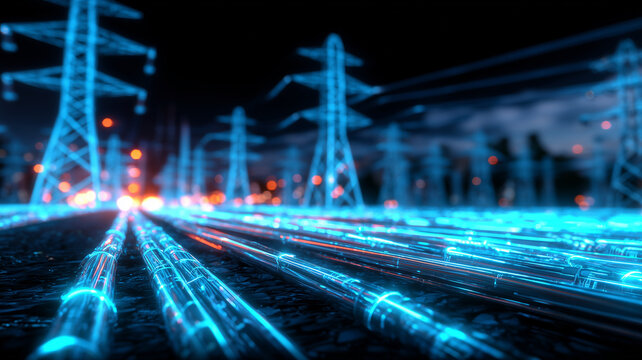 Integrated energy corridor showing blue illuminated pipelines converging under smart electrical towers at night.
