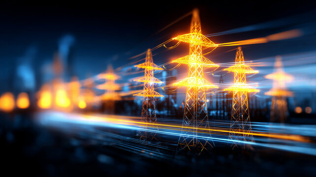 Futuristic power grid with blazing energy streams racing through luminous transmission towers.
 - Powered by Adobe