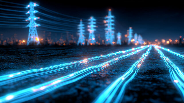Integrated energy corridor showing blue illuminated pipelines converging under smart electrical towers at night.
