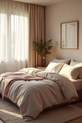 Serene Bedroom Soft Lighting, Plush Textiles & Calming Colors Create a Peaceful and Comforting Atmosphere, Ideal for Relaxation and Tranquility. Perfect for Home Decor.