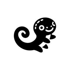 A cheerful, stylized black lizard with a curled tail, cartoonish design.