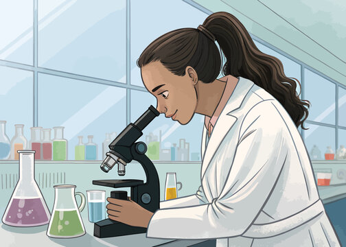 Woman scientist using microscope in laboratory for research and scientific experiment work one hundred
