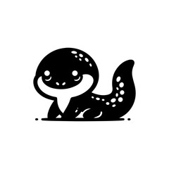A cute, stylized salamander illustration in black and white, featuring large eyes and spots.