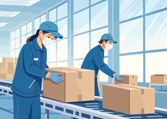 Factory workers wearing masks handling boxes on conveyor belt in manufacturing warehouse illustration