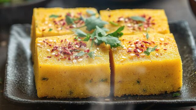 Khaman dhokla or steamed gram flour cake with smoke