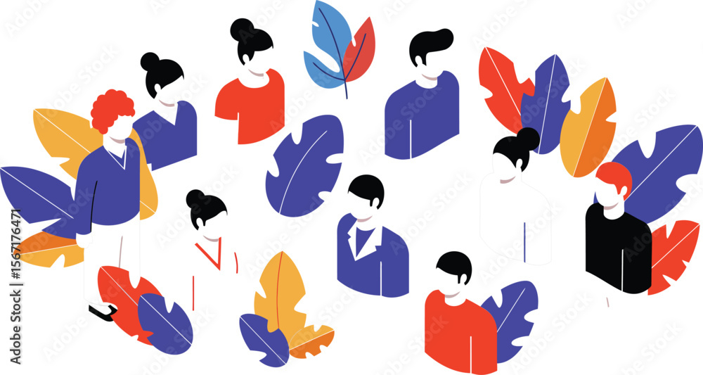 Poster diverse group of people with colorful leaves abstract vector art for community connection and teamwo