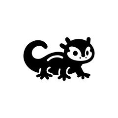 Stylized black silhouette of a lizard with a curled tail and large eyes, isolated on a white background.