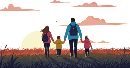 Family walking together in sunset field holding hands with children outdoors nature scene vector illustration