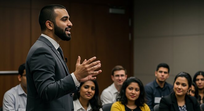 Inspiring Keynote: A confident speaker, dressed in a suit, delivers an impassioned keynote to an engaged audience in a modern conference venue.