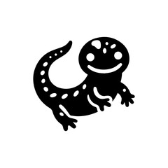 A cheerful, stylized black salamander illustration, joyfully posed.