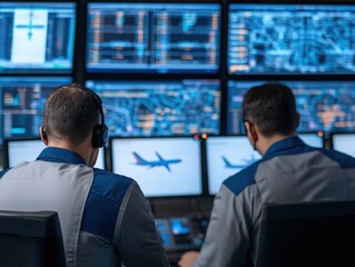 Two air traffic controllers monitor multiple screens, managing airplane routes and ensuring flight safety in a high-tech control center.