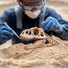 A paleontologist carefully excavates a dinosaur skull fossil using precision tools while wearing protective gloves and a mask.