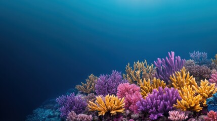 Vibrant underwater coral reef showcasing colorful purple, pink, yellow, and orange corals against a deep blue ocean backdrop.
