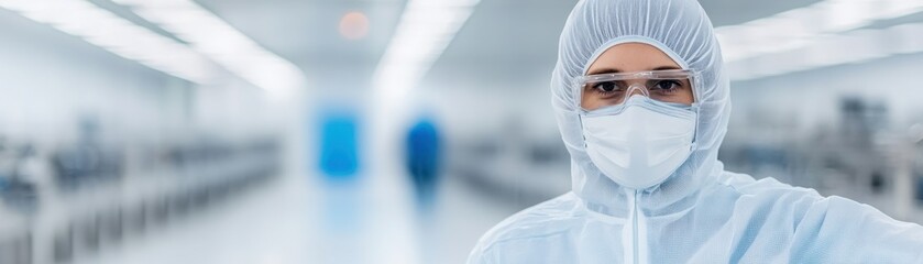 A scientist in full protective gear works in a sterile, high-tech laboratory environment.