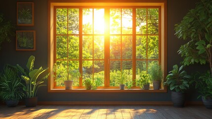 Room Interior with Window View and Potted Plants