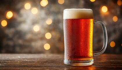 A frosty glass mug filled with amber beer, topped with a creamy foam head, set on a wooden surface with warm bokeh lights in the background.