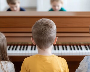 Children are seated at a piano, focused on learning or playing music together in a bright, indoor setting.