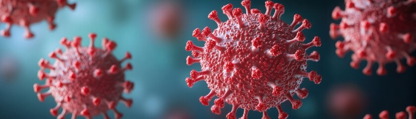 Digital illustration of red coronavirus particles floating against a blurred blue background, highlighting virus structure and spike proteins.