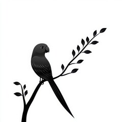 A minimalist black silhouette of a parrot perched on a leafy branch against a white background.