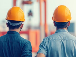 Two construction workers wearing orange helmets look toward a blurred industrial or construction site background.