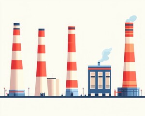Illustration of an industrial factory with multiple red and white chimneys emitting smoke against a light background.