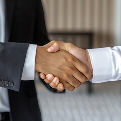 Two people in business attire shaking hands, symbolizing agreement, partnership, or a professional deal.