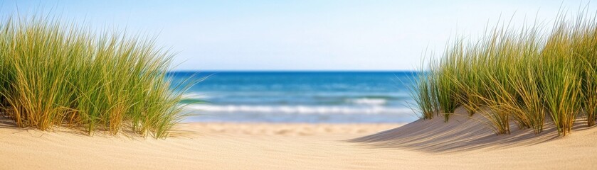 A serene beach scene with sand dunes and green grass framing the view of the calm blue ocean under a clear sky.