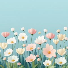 Delicate pink, white, and cream flowers bloom gracefully against a soft blue background in this serene floral illustration.