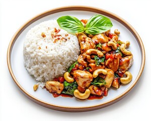 A plate of white rice served with stir-fried chicken, cashew nuts, vegetables, and fresh basil leaves.