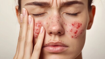 Close-up of a person with inflamed, red acne on both cheeks, pressing their face with a pained expression and closed eyes.