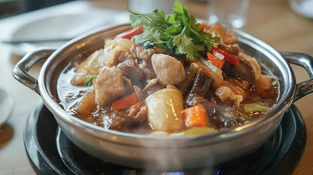 Kway chap in a pan on the table with smoke