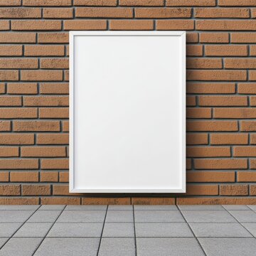 Fototapeta A blank white poster frame mounted on a red brick wall above a tiled gray floor.
