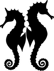 vector illustration of silhouette of two seahorses facing each other, isolated on white