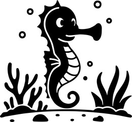 seahorse silhouette vector illustration with seaweed, isolated on white