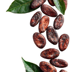 A vertical arrangement of fresh cocoa beans and green leaves, highlighting the natural elements of chocolate production.