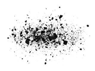 Crushed charcoal pieces on a white background; suitable for backgrounds, textures, art and design projects, beauty and wellness concepts.