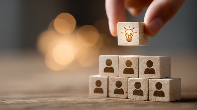 Wooden blocks with lightbulb and people icons, teamwork concept