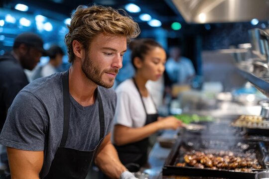 A focused male chef grills flavorful meats in a vibrant kitchen alongside a female cook, showcasing the energy and passion of culinary arts in a restaurant setting. - Powered by Adobe
