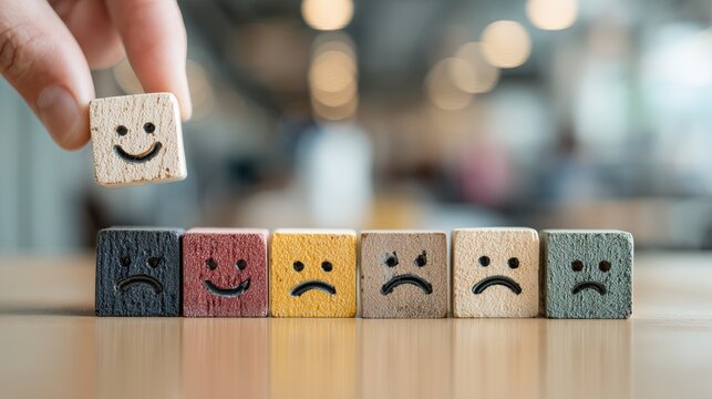 Wooden blocks with smile and sad faces, customer feedback concept