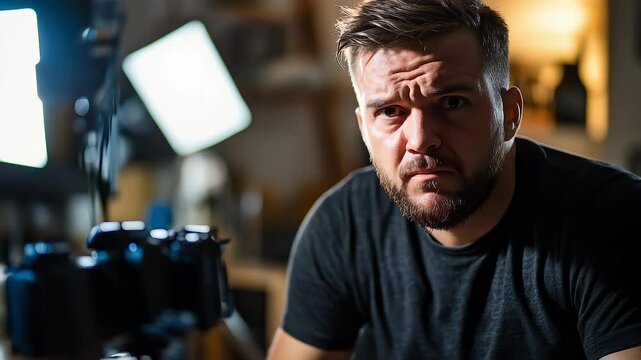 Focused Photographer Frowns and Thinks Hard